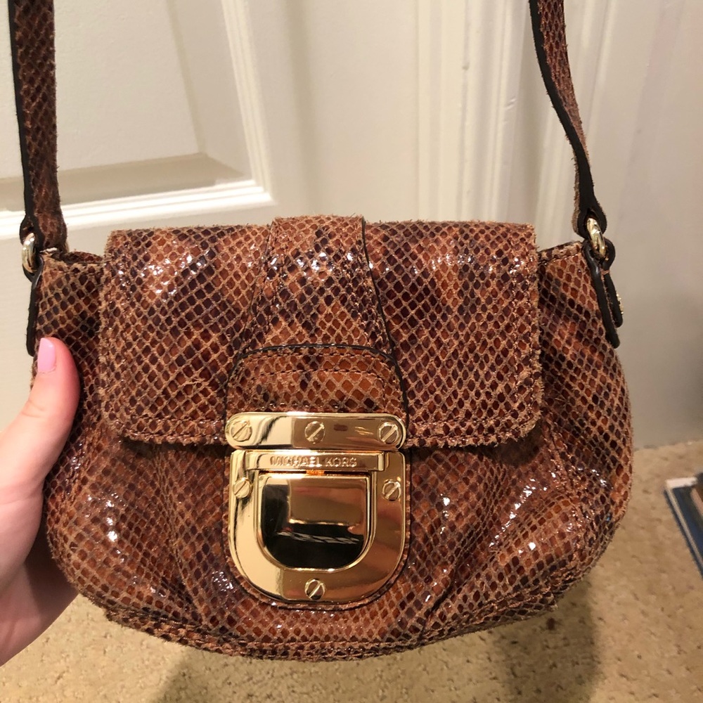 Michael Kore Brown Snakeskin Crossbody Bag